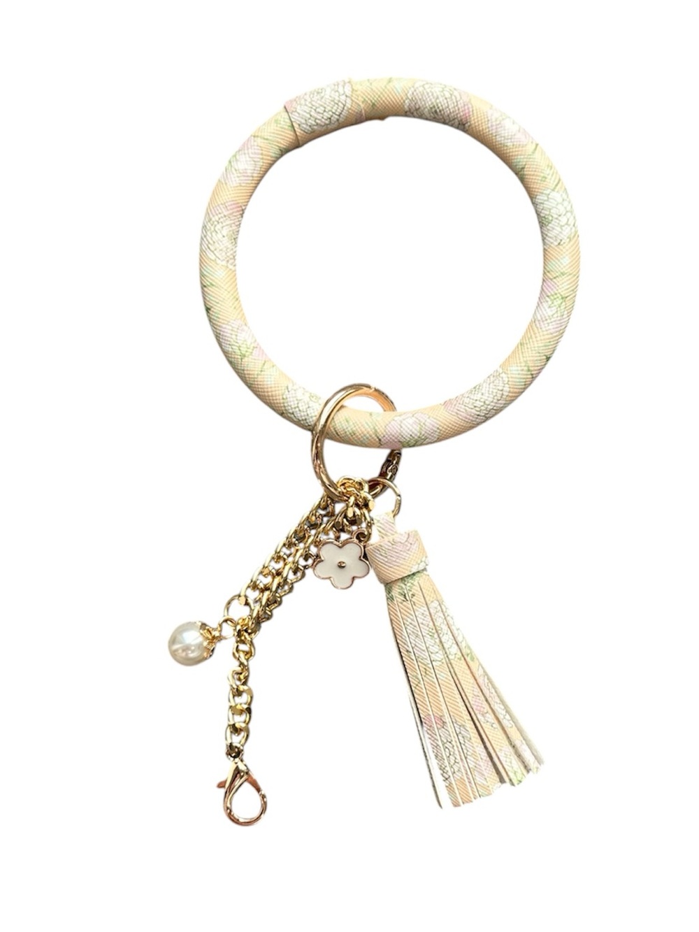 NWOT Floral Pastel O-Ring Bangle Keychain Wristlet Charm Tassel Gold Dainty